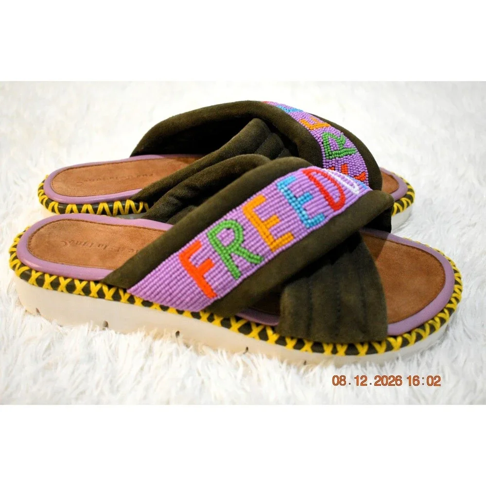 Rue De La Lune X Freedom Beaded Platforms Olive Suede Multicolor - Women's 39/8